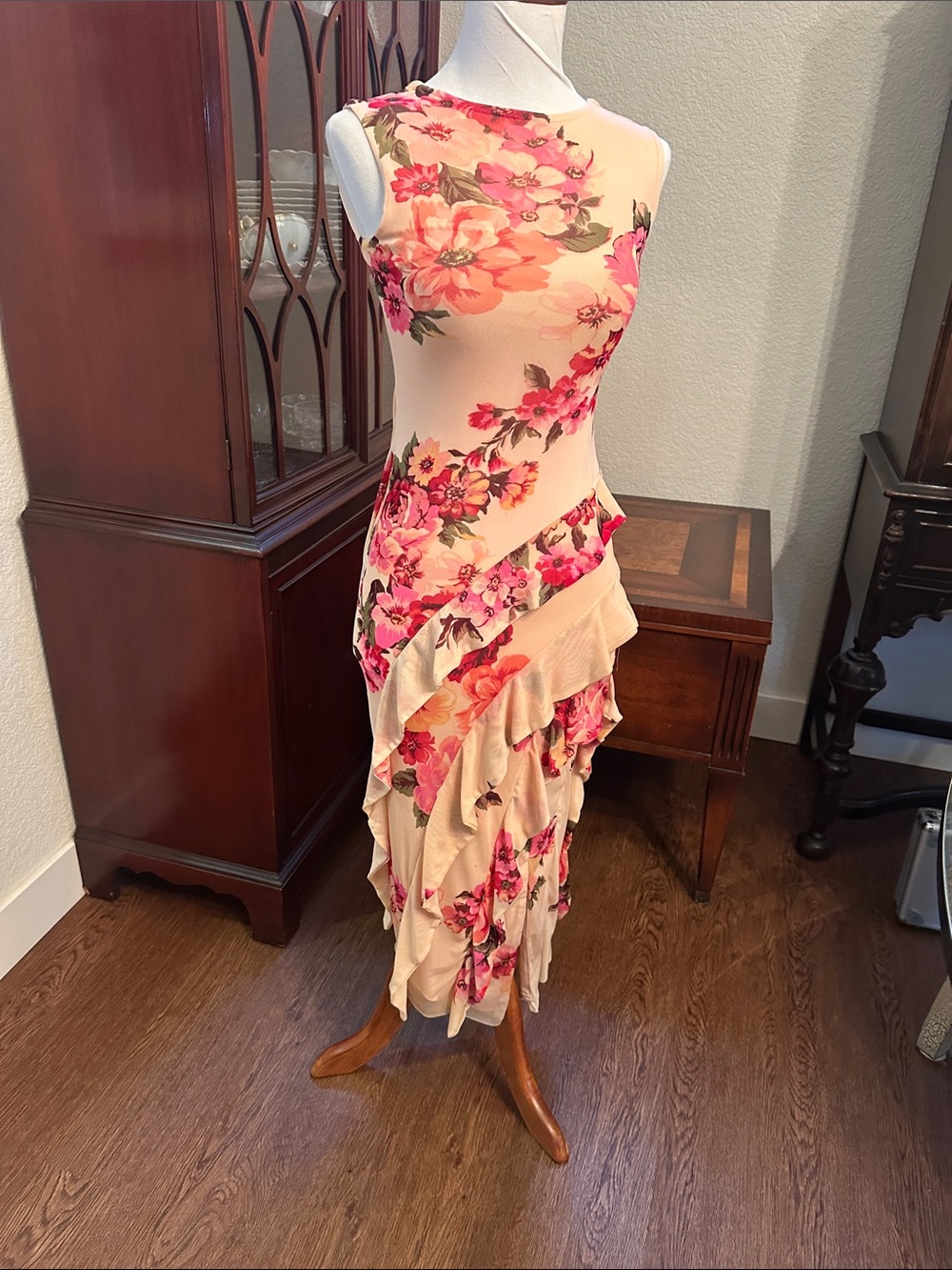 Tinsel Coral Floral Ruffle Midi Dress